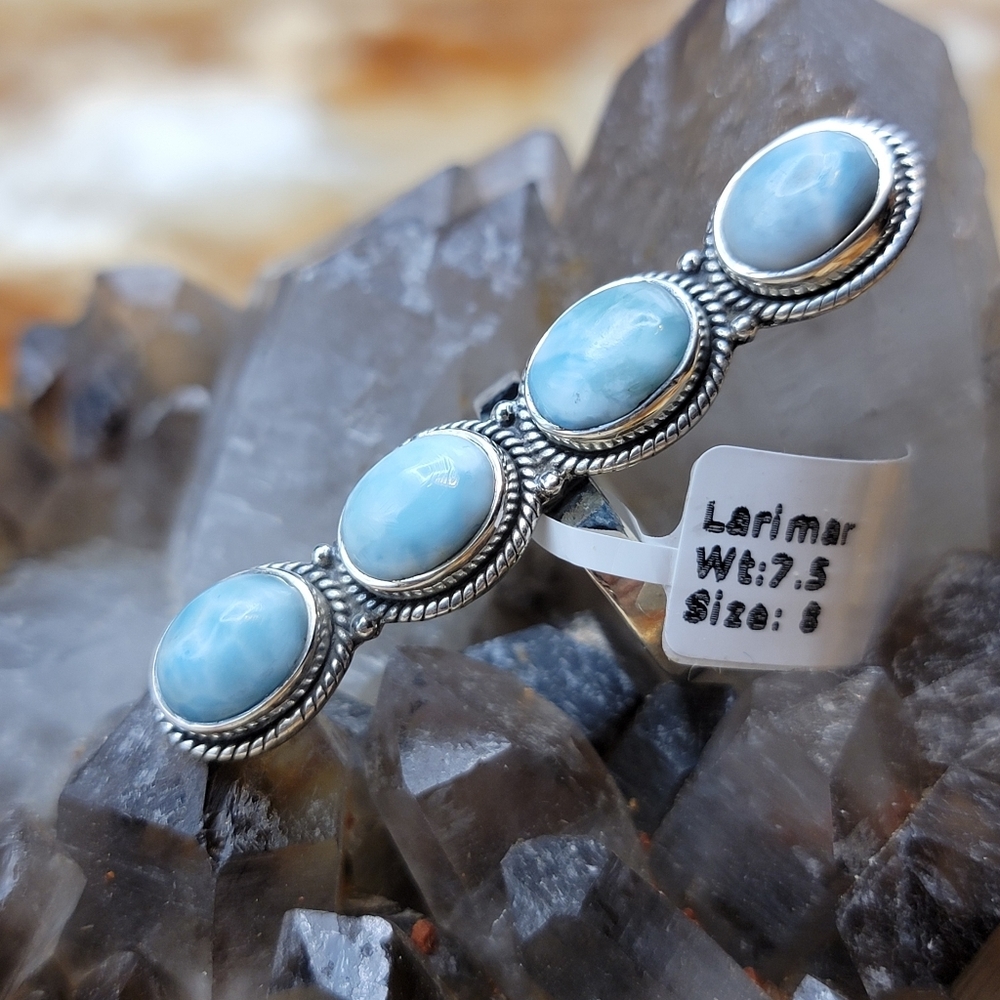 Sterling Silver Blue Larimar Ring Size 8 – 4 Stone Oval Cabochon Statement Ring - Picture 5 of 11